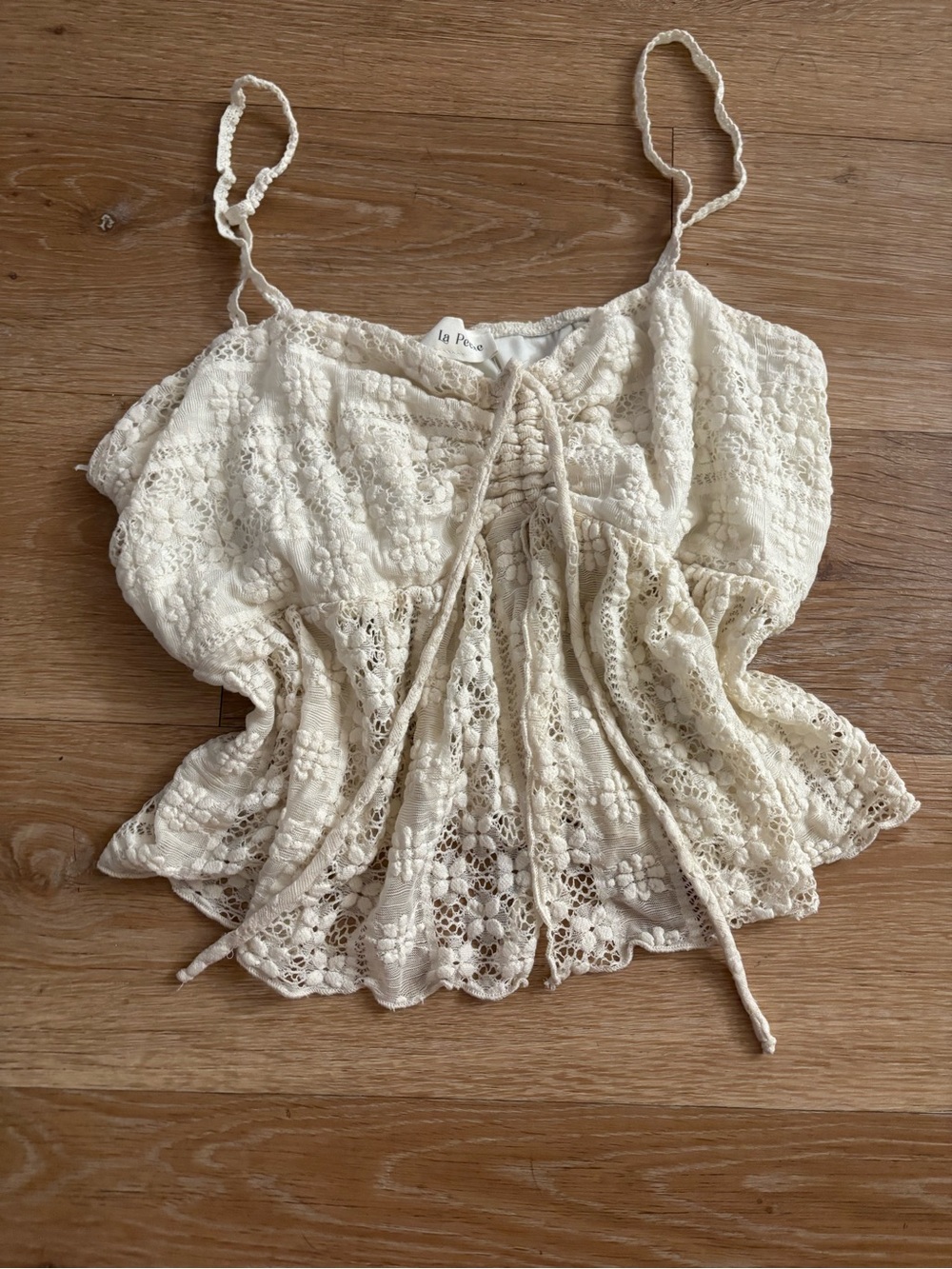 Crochet Drawstring Spaghetti Strap Tank - Cream
